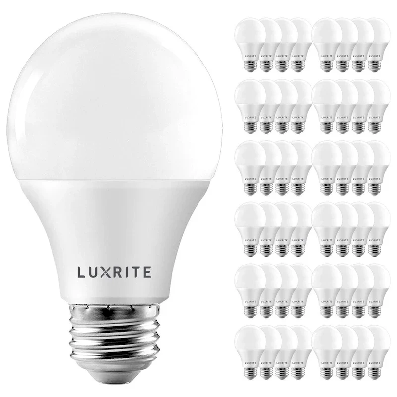 Luxrite A19 LED Light Bulb 60W Equivalent, Dimmable, 800 Lumens, Enclosed Fixture Rated, Energy Star, E26 Base (48 Pack)