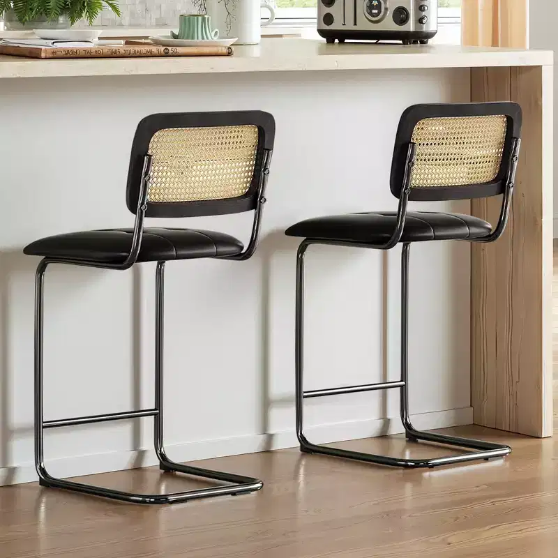 MAYEERTY 26 Black Counter Height Bar Stools Set of 2, PU Leather & Rattan Back, for Dining Areas