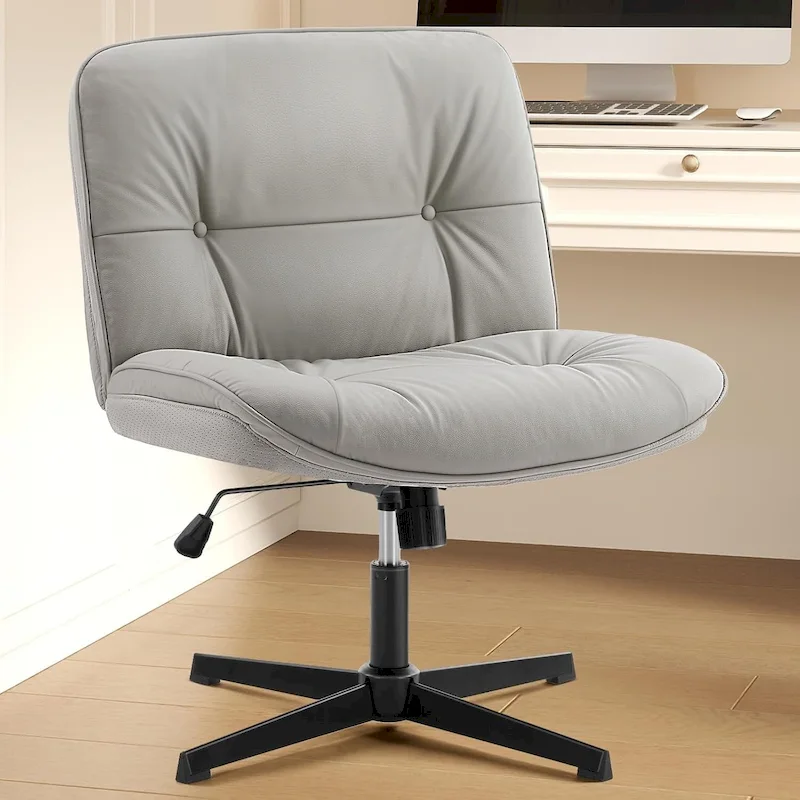 Criss Cross Legged Chair No Wheels Armless Wide Seat Adjustable Height Swivel Thick Padded PU Leather Comfortable Home Office