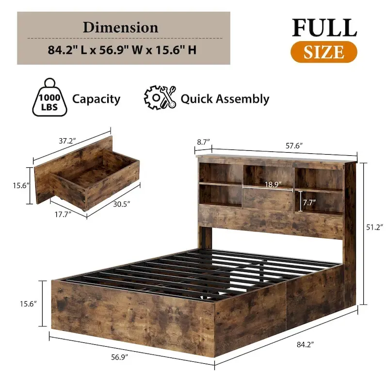 Full Bed Frame with High Storage Bookcase Headboard