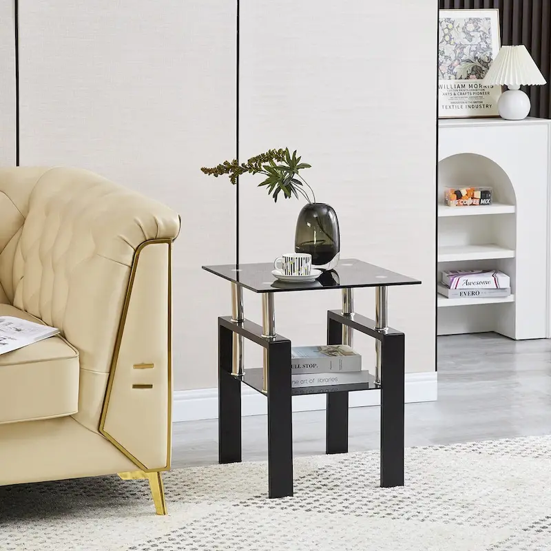 Black / Clear 2-Layer Tempered Glass Sofa Side End Table with Metal Tubular Legs