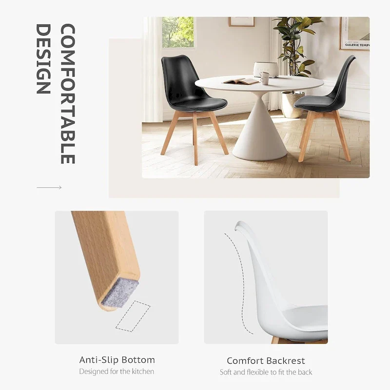 Black PU Leather Dining Chairs with Beech Wood Legs - Set of 4