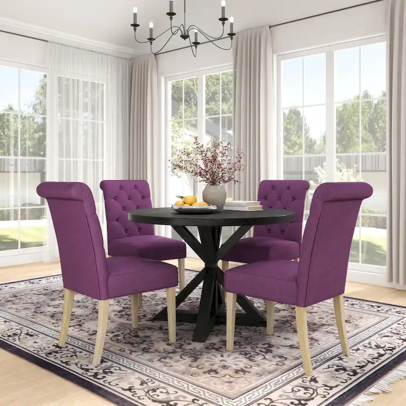 Roundhill Furniture Banff 5-Piece Round Dining Set, Cross-Buck Round Table with 4 Tufted Chairs