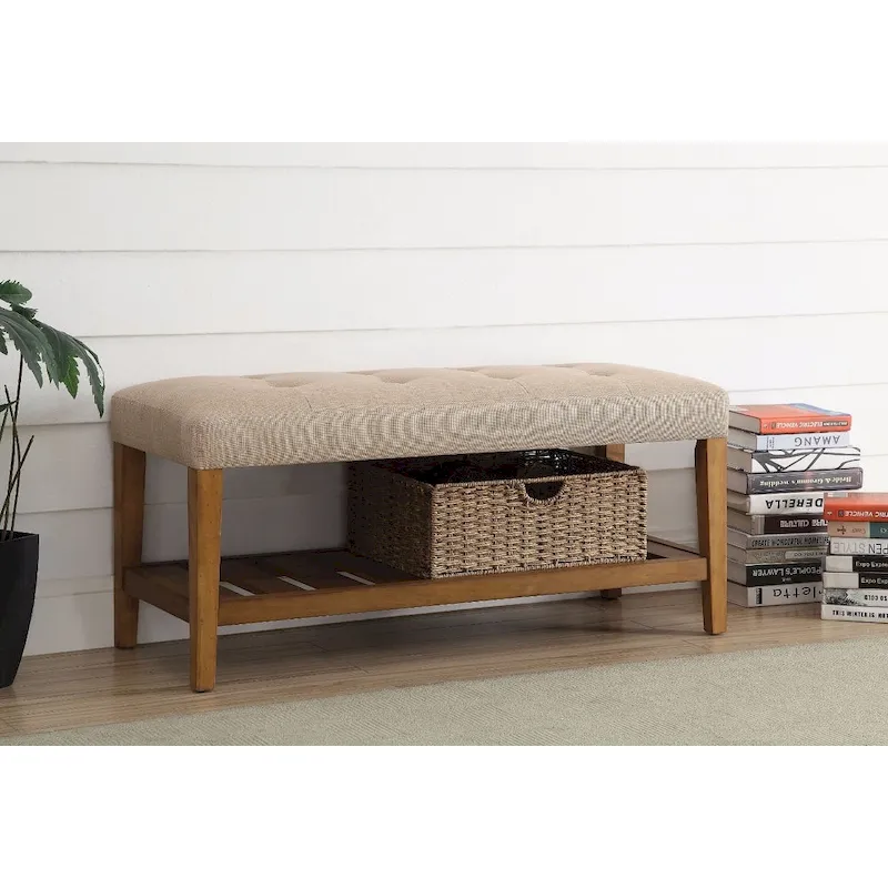 Beige & Oak Upholstered Bench – Button Tufted, Single Seat