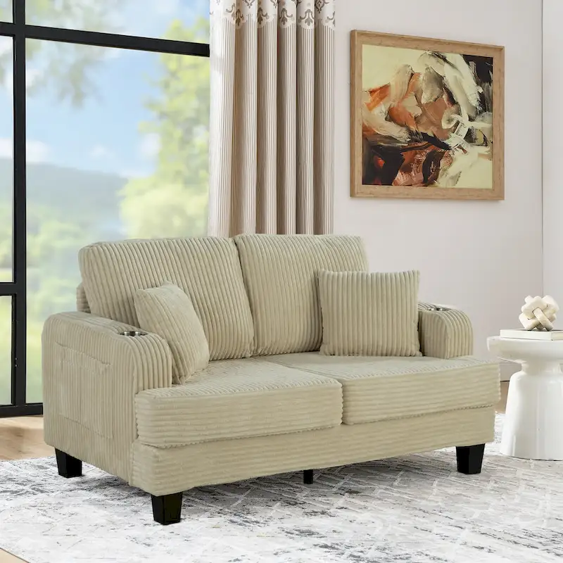 61 Contemporary Corduroy Loveseat Sofa with 2 Pillows and Cup Holder