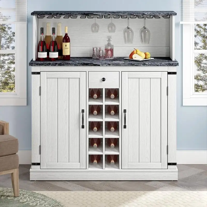 Buffet Bar Cabinet with Wine Rack - 10-Bottle Storage (Grey/White)