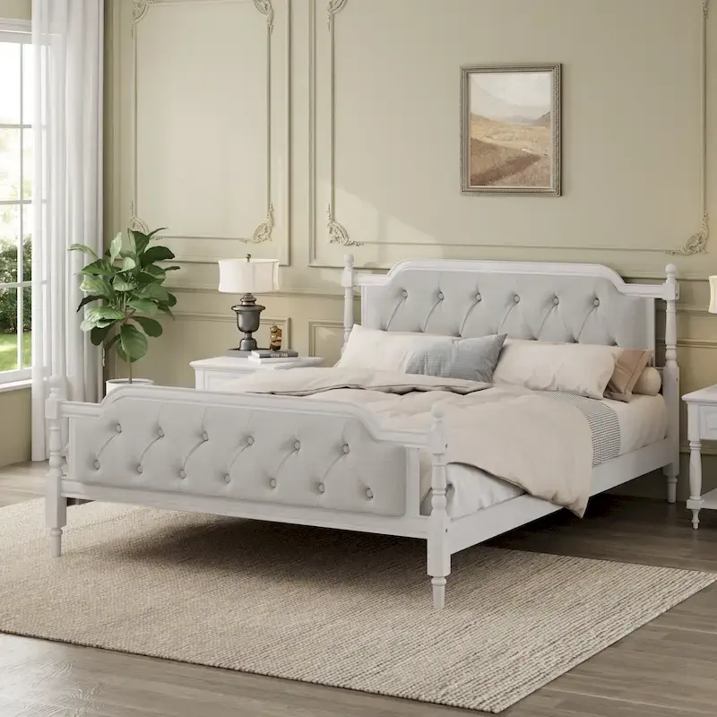 Antique White Queen Platform Bed with Tufted Headboard, Seats 2