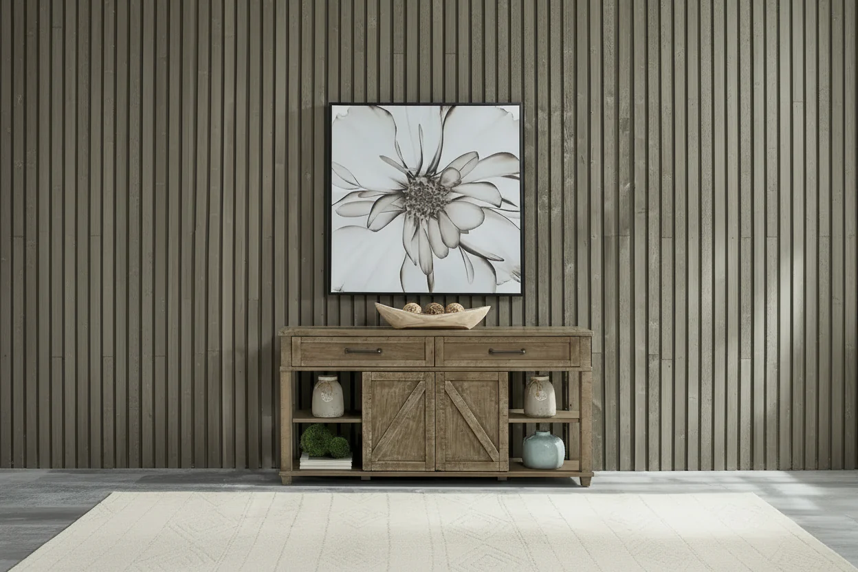 Weathered Taupe Sofa Table with Drawers and Shelves