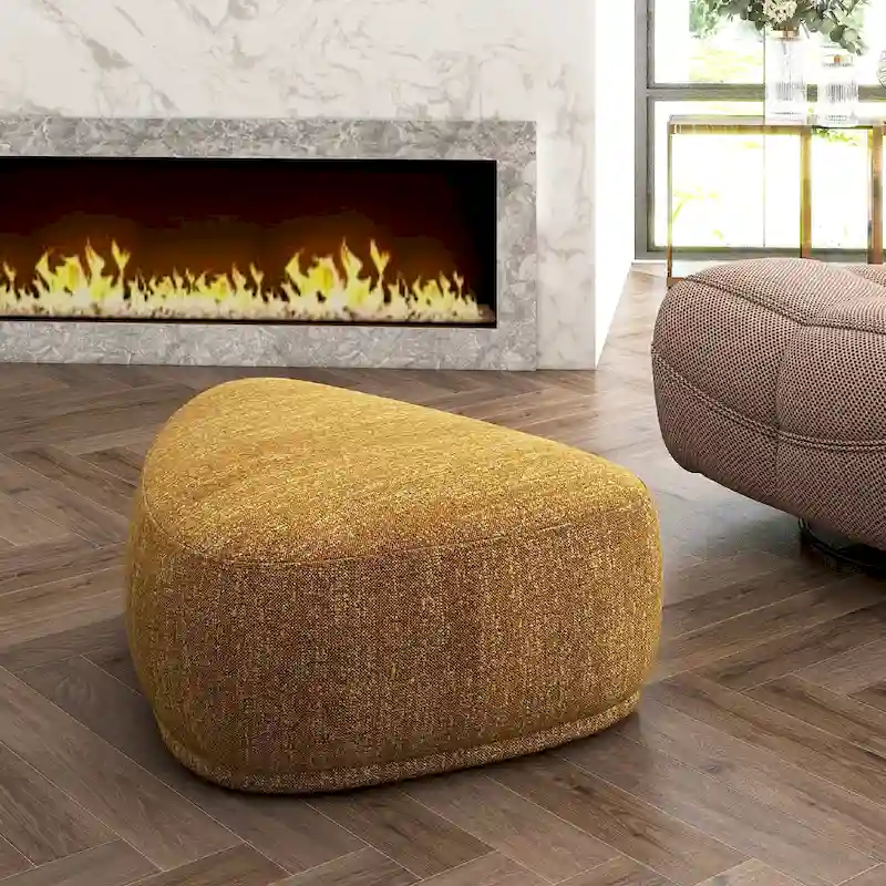 Mustard Yellow Tweed / Tan Brown Leather Rounded Triangle Ottoman, Seats 2
