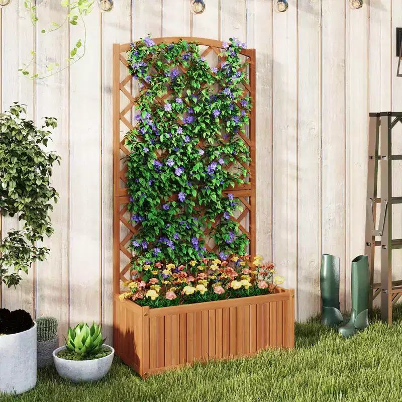 Costway 1/2 PCS 63 Wood Planter Container with Diamond Trellis, Planter Box, Slat Base for Plants
