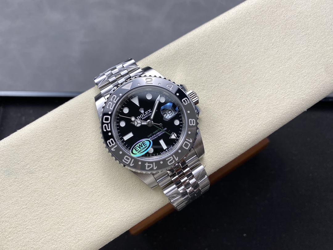 Rolex GMT-Master II replica on display cushion