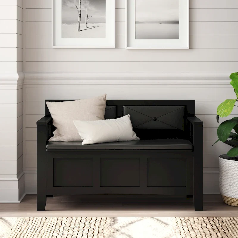 Flip Top Storage Entryway Bench with Cushion – Black (Faux Leather) / Brown / Grey / Smokey White (Linen), Cottage Style, Single