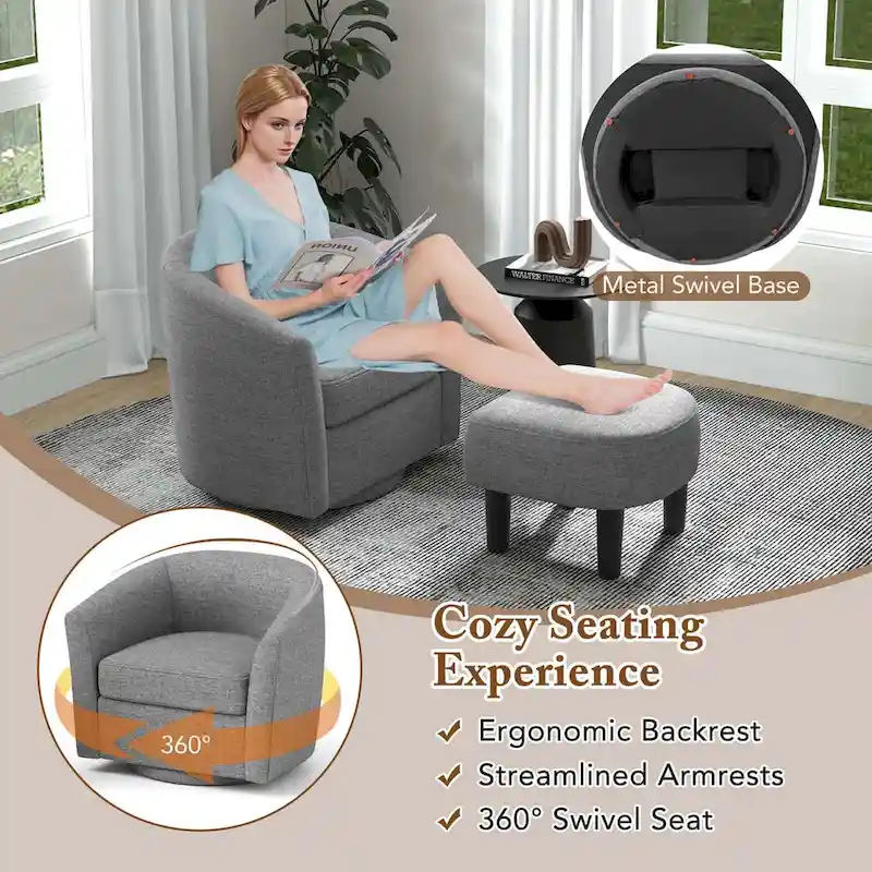 Costway Swivel Barrel Chair with Ottoman Footrest Curved Backrest & - See Details