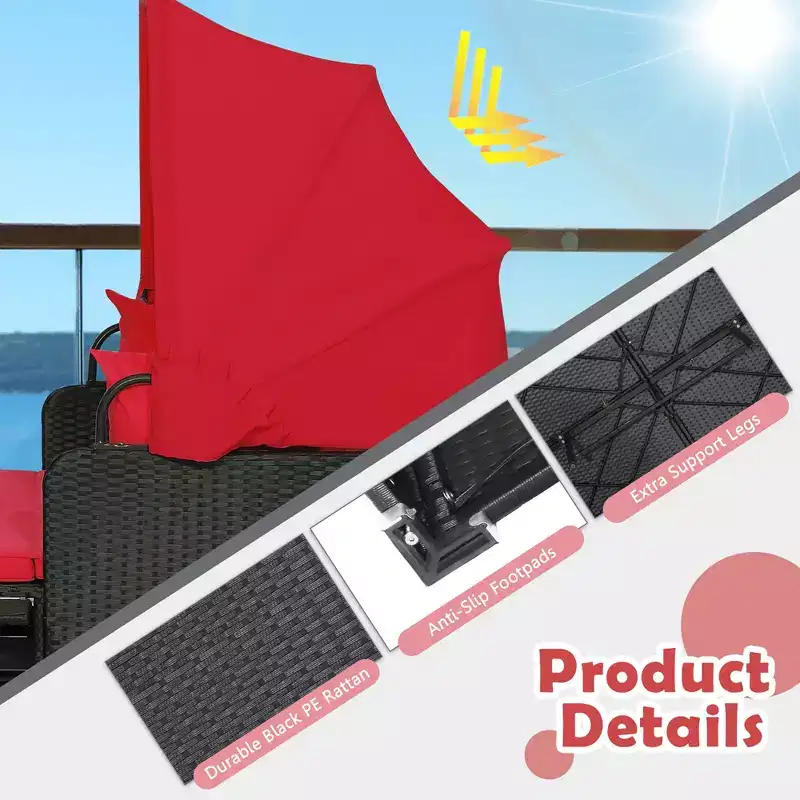 Costway Patio Rattan Daybed Lounge Retractable Top Canopy Side Tables Cushions Off White/Red/Turquoise/Beige