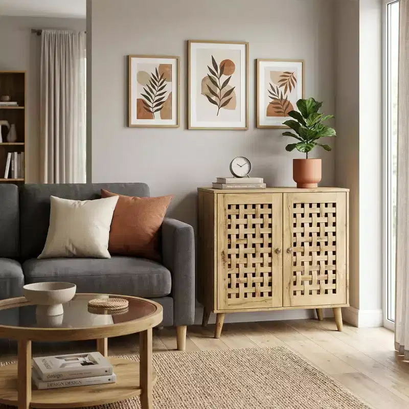 FurnitureR Accent Storage Cabinet with Woven Doors, Sideboard Buffet Cabinet with Shelves for Living Room, Entryway, Dining Room Storage Organizer