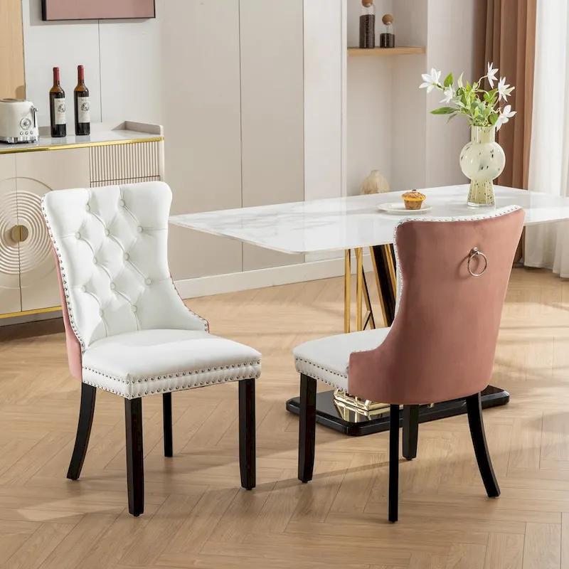 Tufted PU Leather & Velvet Dining Chair with Nailhead Trim, Set of 2