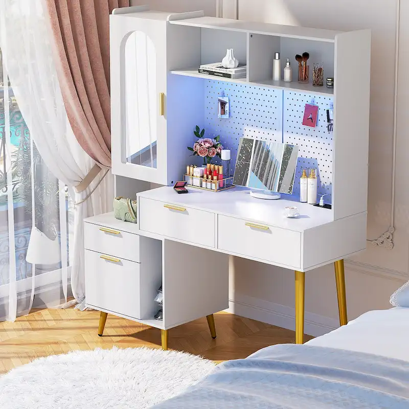 Makeup Vanity with Pegboard and Hutch, Bedroom Vanity Table with Charge Station and LED Light - N/A