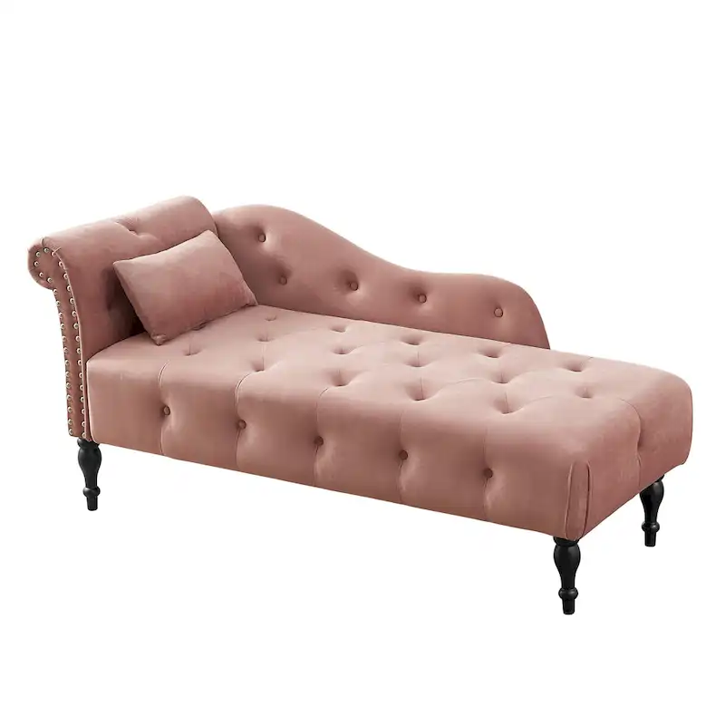 Modern 60.6 Velvet Upholstered Buttons Tufted Chaise Lounge Chair with Solid Wood Legs and Nailheads