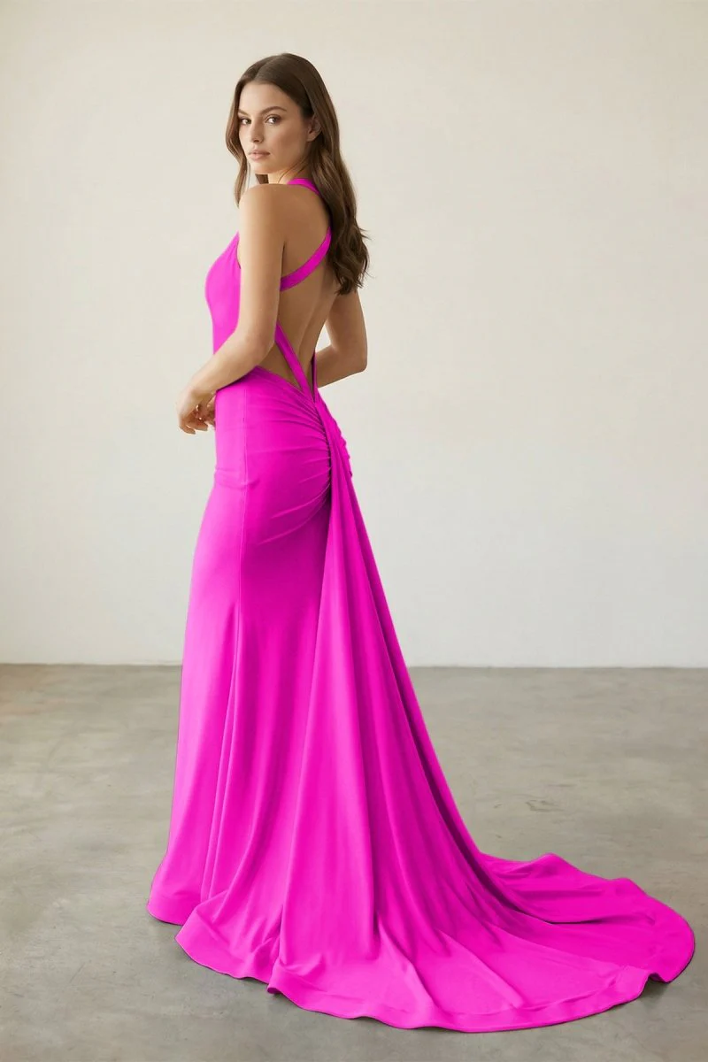 Pink V Neck Satin Mermaid Open Back Long Formal Prom Dresses