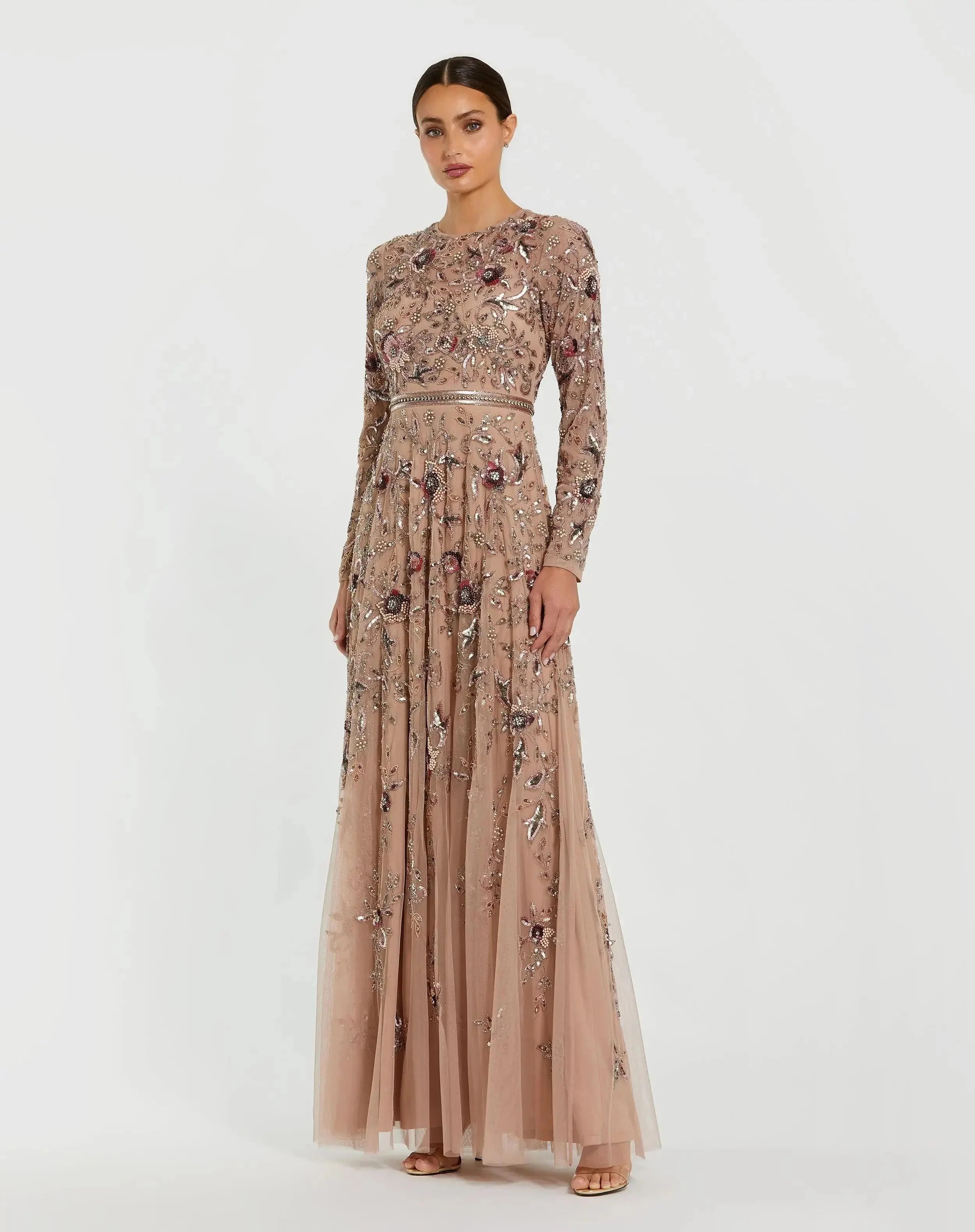 Long Sleeve Floral Embellished A-line Gown