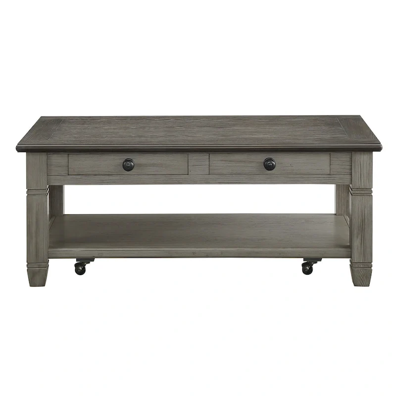 48 Inch Cocktail Table, 2 Drawers, Casters, Brown and Gray Solid Wood