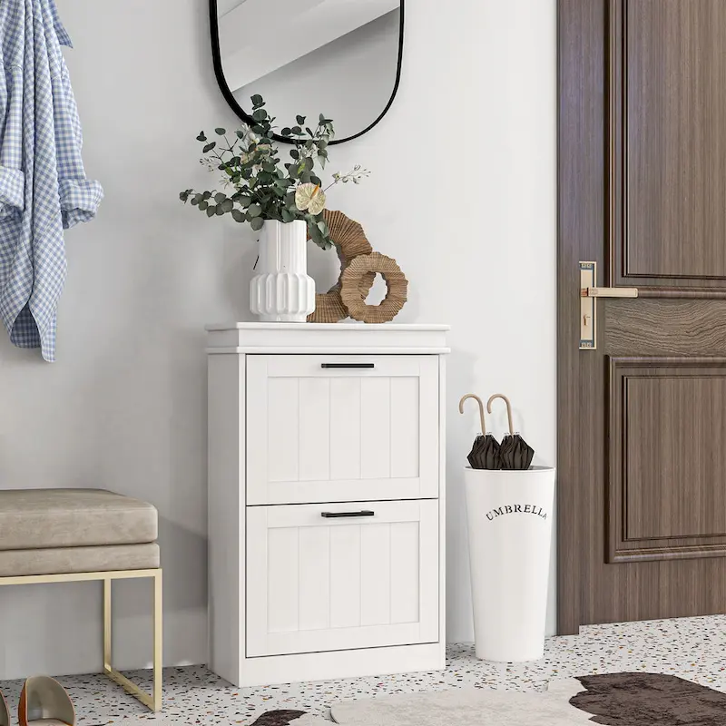 Narrow Entryway Shoe Cabinet with 2 Flip Drawers & Adjustable Shelves – White / Black