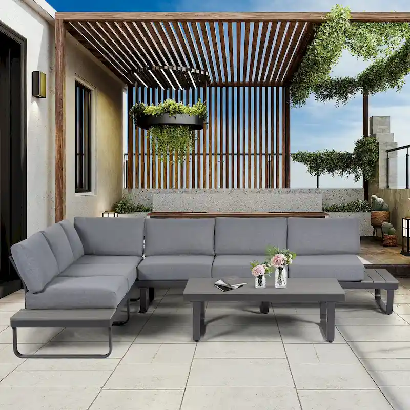 6 Person Outdoor L-Shape Metal Sectional Sofa Set with Cusions and Coffee Table