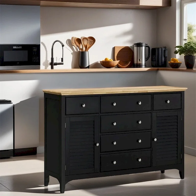 Black Buffet Sideboard with 2 Cabinets & 6 Drawers, Adjustable Shelves, 55