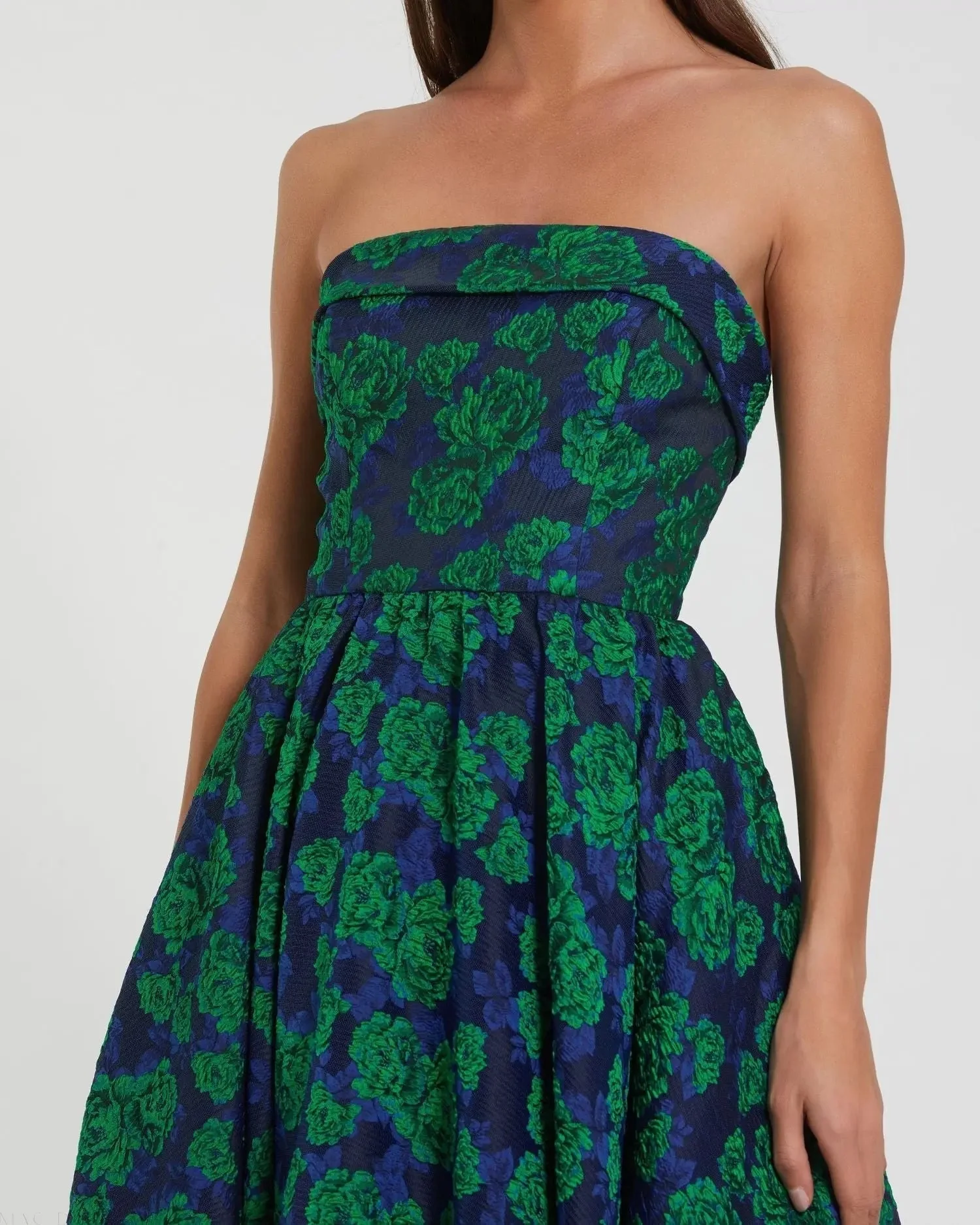 Blue and Green Brocade Strapless A Line Midi Dress
