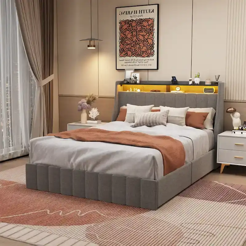 Light Grey Full Size Platform Bed with LED Lights & Storage Drawers – 1 Person