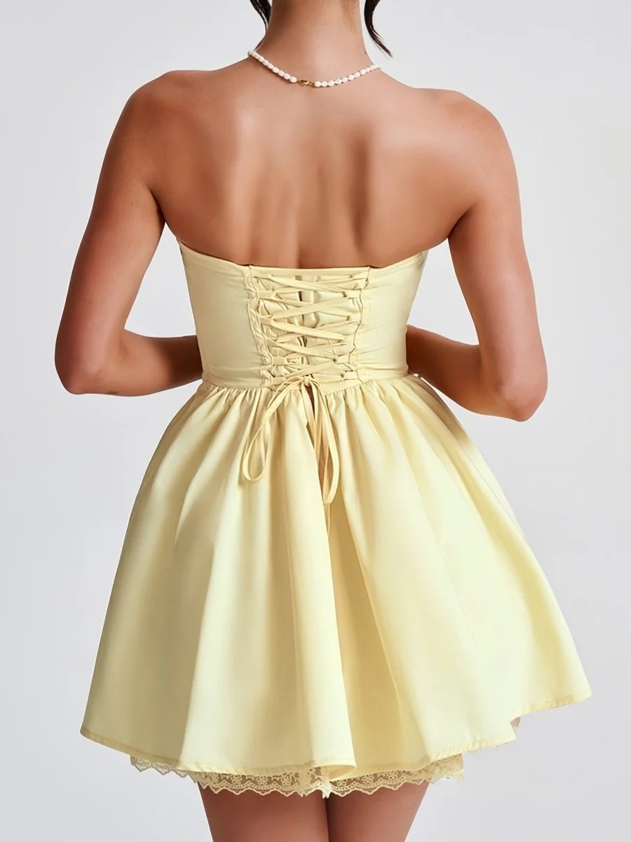 Yellow - A Line Satin Strapless Homecoming Dresses with Lace Panelings