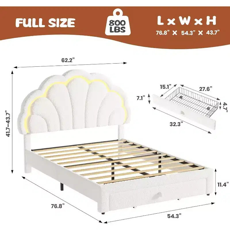 GuatoWave Upholstered LED Bed Frame with Adjustable Chic Headboard and Storage Drawer