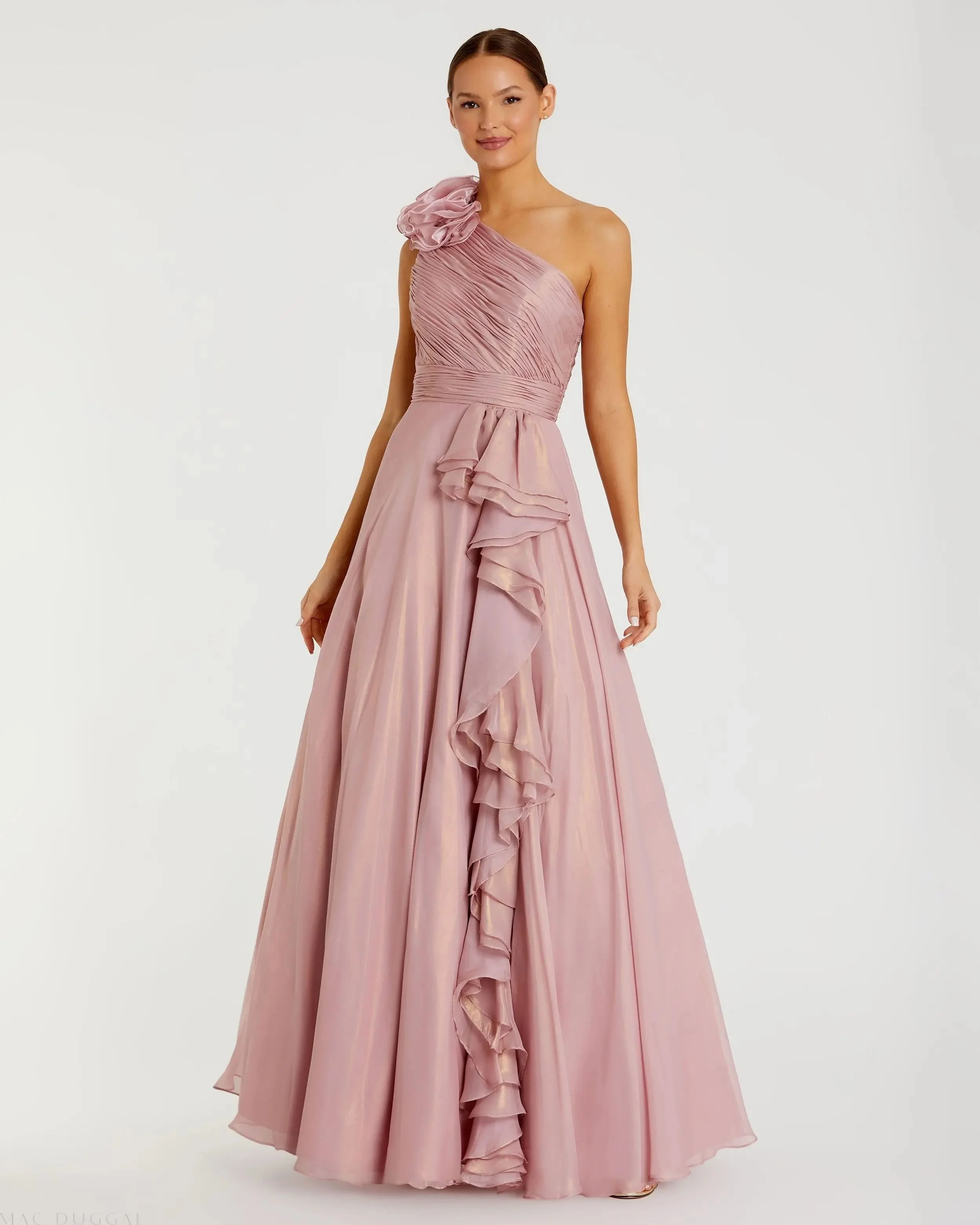 Pink Iridescent One Shoulder Rosette Ball Gown