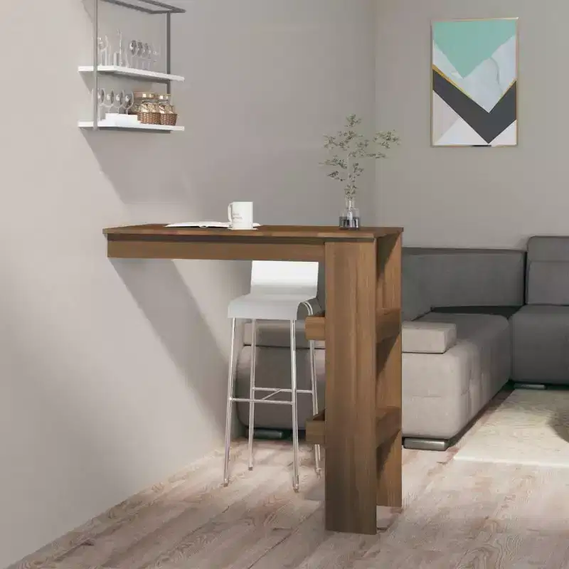 vidaXL Wall Bar Table in Brown Oak - Modern Style Engineered Wood Bar Table with Two Storage Compartments - Durable, Long-Lasting - Requires Assembly