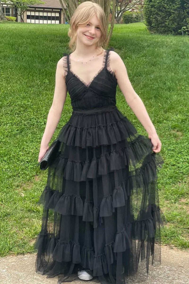 V-Neck Black Layered Tulle A-Line Prom Dress
