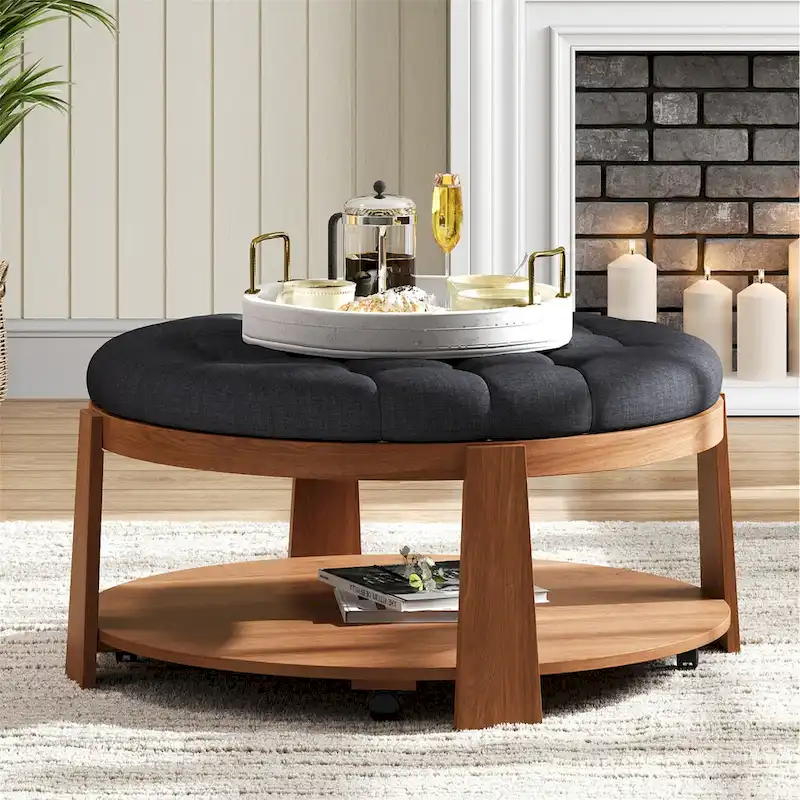 36  Round Button Tufted Upholstered Coffee Table with Wood Shelf and Wheel