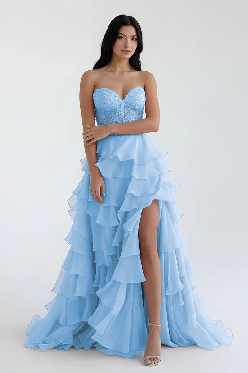 Royal Blue Chiffon Sweetheart Ruffle Tiered Long Prom Dress