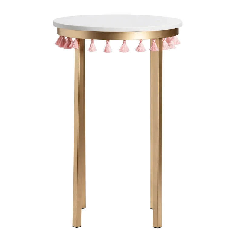 Multi-Color Marble Top Accent Side Table with Pink Tassels, Single
