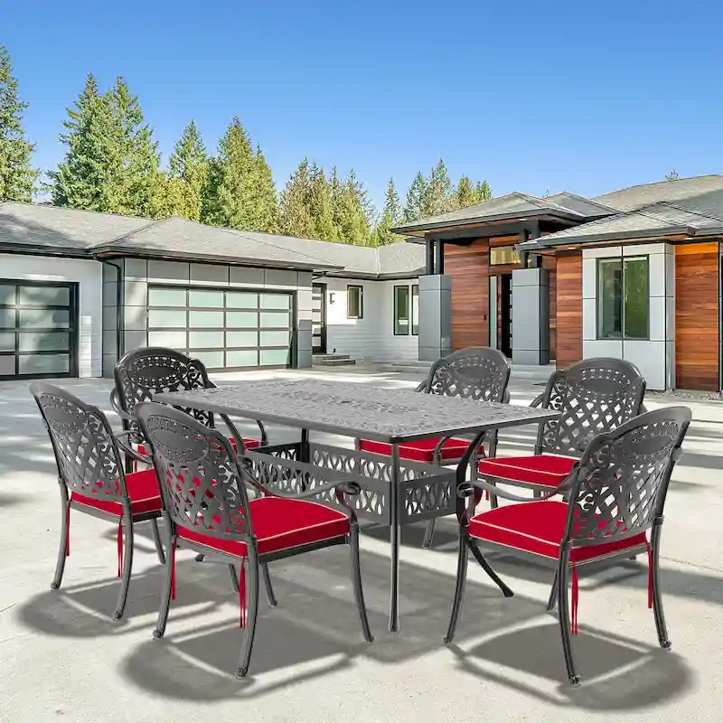5/7-Piece Cast Aluminum Outdoor Dining Set with 58.27 L X 34.65 W Rectangular Table and Random Color Seat Cushions