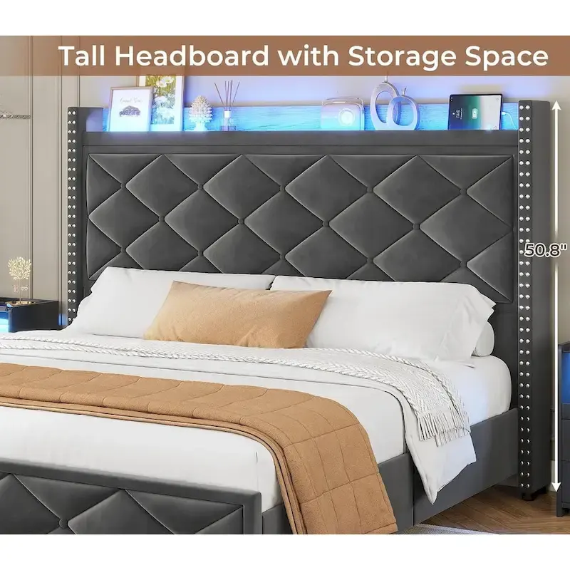 LED Bed Frame with 51.2  Tall Headboard Charging Station