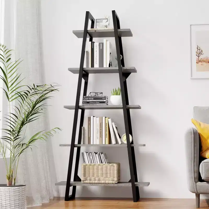 GustoWave Tall Narrow Bookcase with Shelves, Ladder Shelf, Bookshelf Bookcase, 5 Tier Wood and Metal Bookshelves Storage Organizer