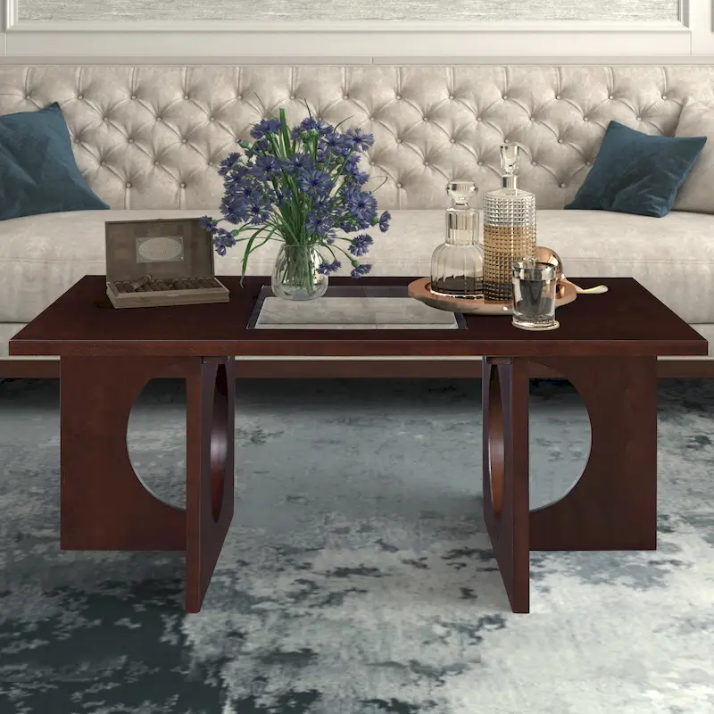 Light Espresso / Black MDF and Birch Veneer Rectangular Coffee Table with Tempered Glass Insert – 47.25 in
