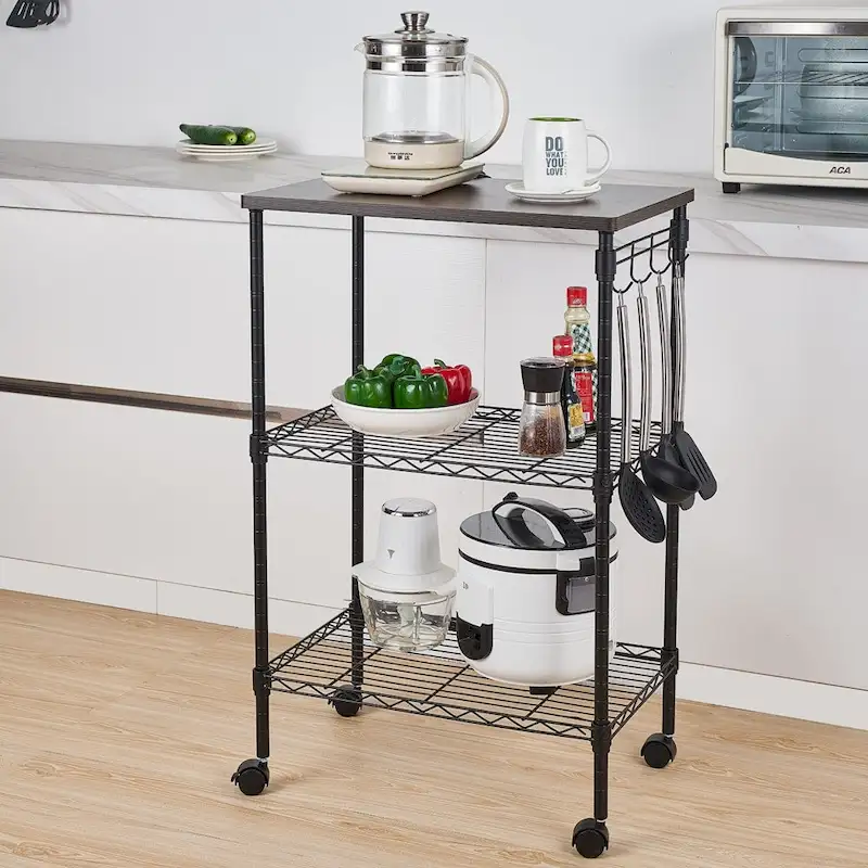 Black 3-Tier Metal Kitchen Cart with Wood Top, Single