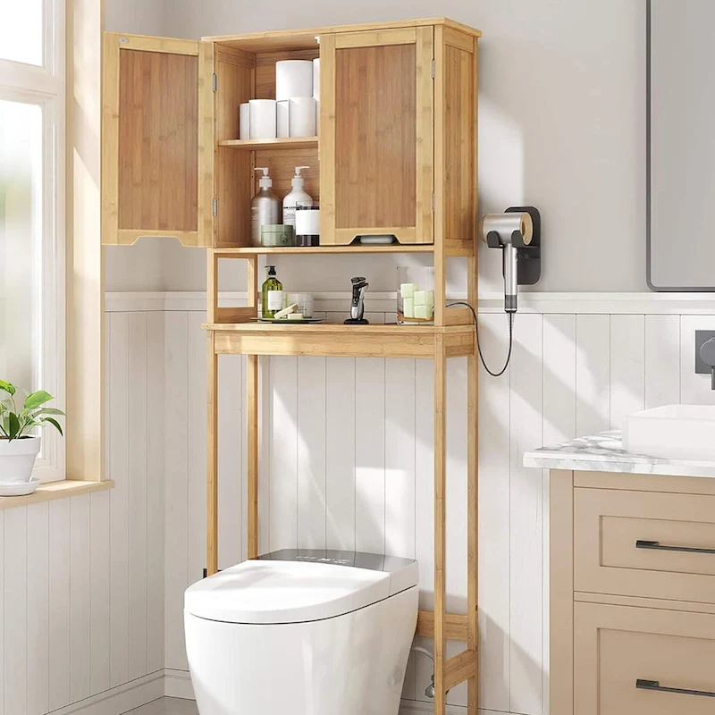 Bamboo Over The Toilet Storage Cabinet with Dual Doors and Open Shelf Mahe Collection - 23.10 L x 8.10 W x 68.4 H