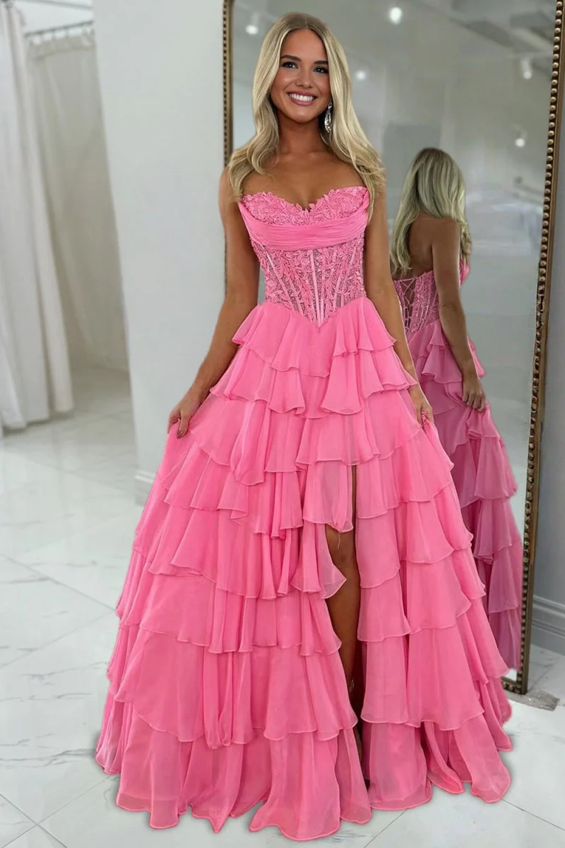 Hot Pink - Strapless A Line Chiffon Ruffled Prom Dresses With Appliques