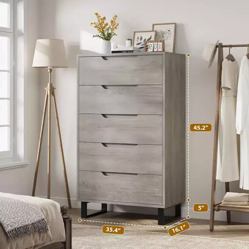 35.4-inch Five-Drawer Dresser, PB+MDF+Metal Material, Five-Drawer Storage, Adjustable Height, Modern-Simple & Rustic Style
