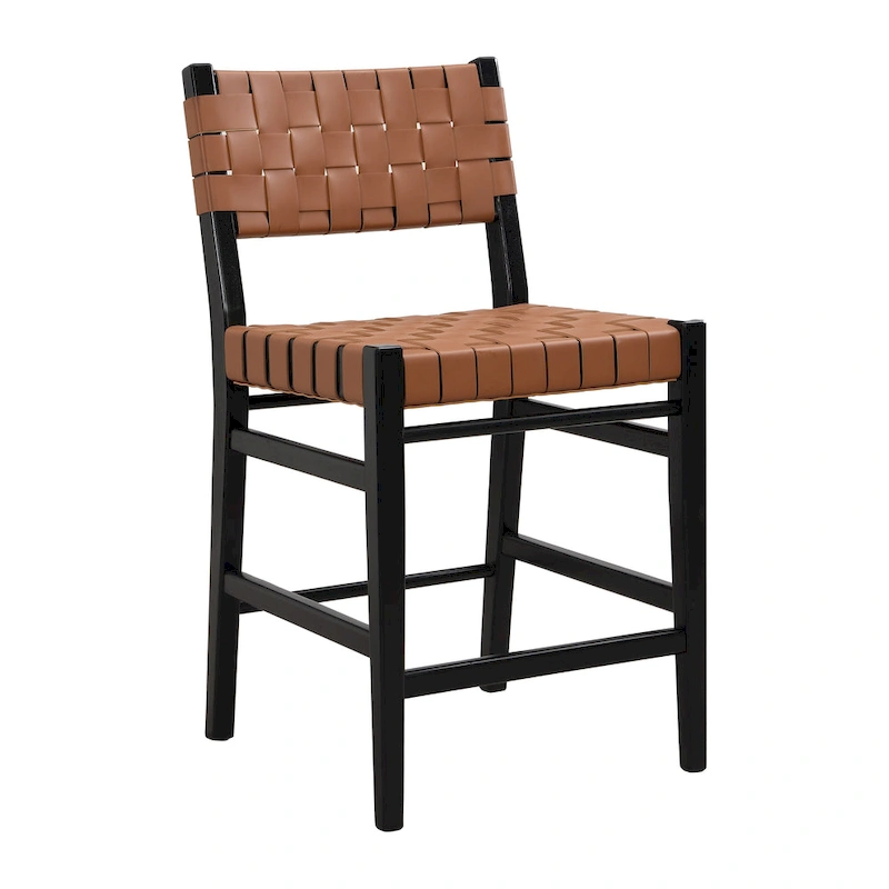 Roomfitters PU Leather Counter Stools, Set of 2 Bar Height Chairs with Woven Back and Rubberwood Frame, Black Brown