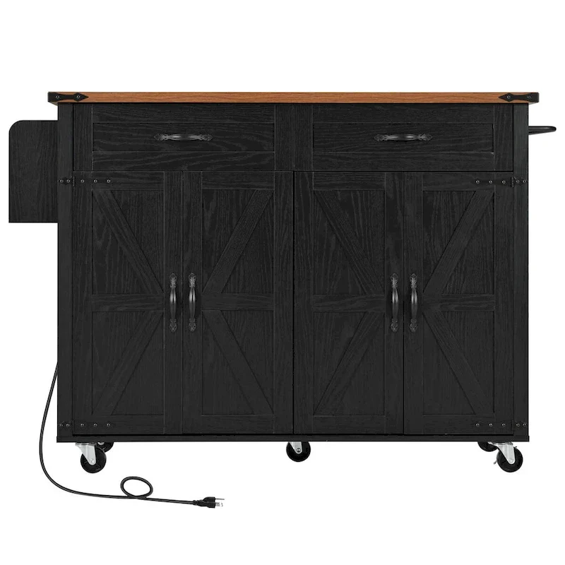 53.5 Farmhouse Kitchen Island Cart with Power Outlet, Drop Leaf, Spice Rack, and 2 Drawers, 5 Wheels