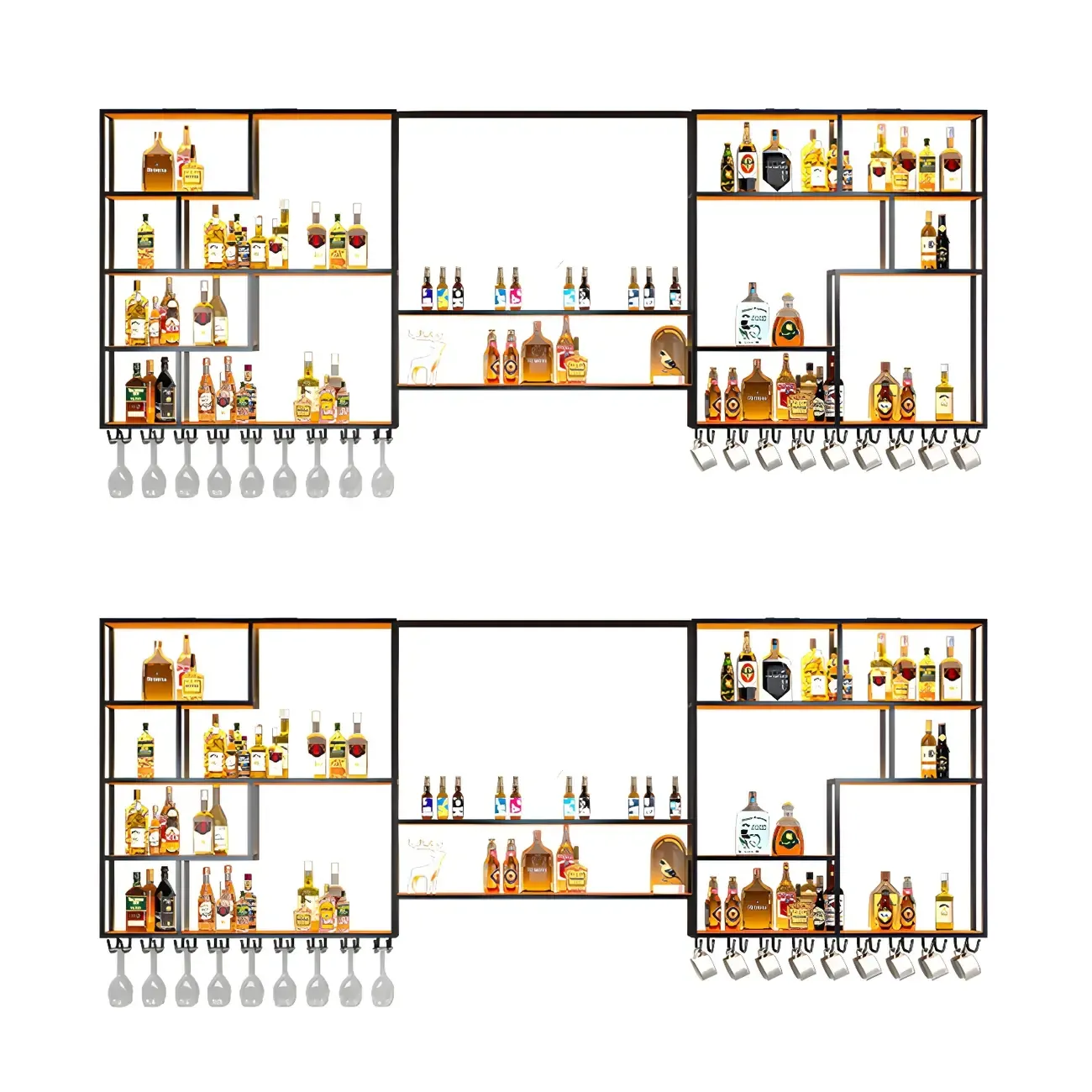 Black Metal Wall-Mounted Wine Rack with Stemware Holder