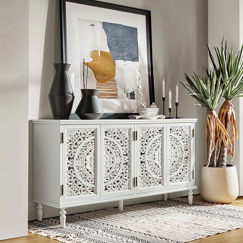 Carved Solid Wood Sideboard with Built-in LED Infrared Lighting, Wine Rack, 4 Cabinets & Adjustable Shelves | Blue / White | Single